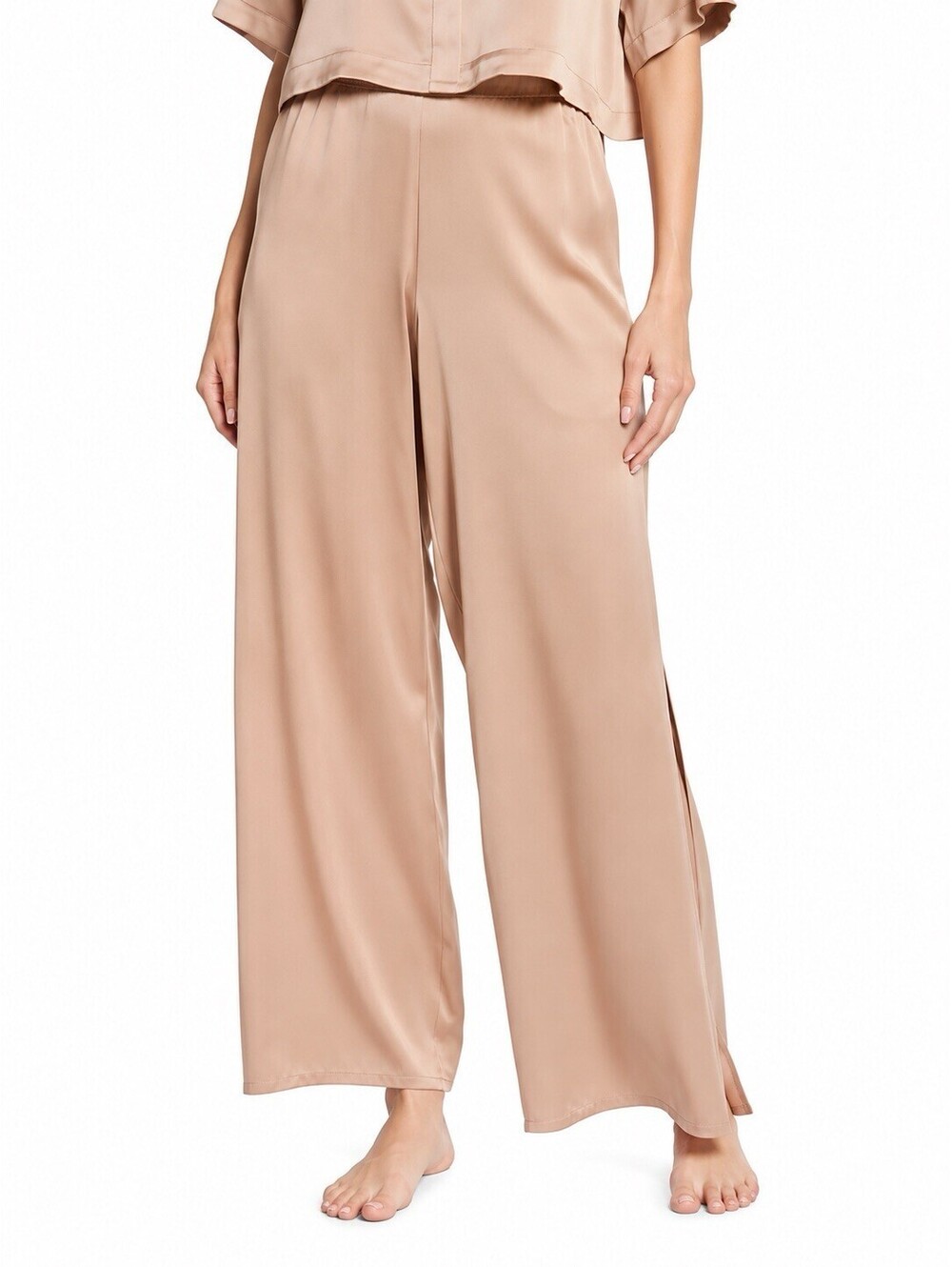 Lunya Washable Silk Pants Side Slits Pull On Peach Pink Size L Luxury Loungewear
